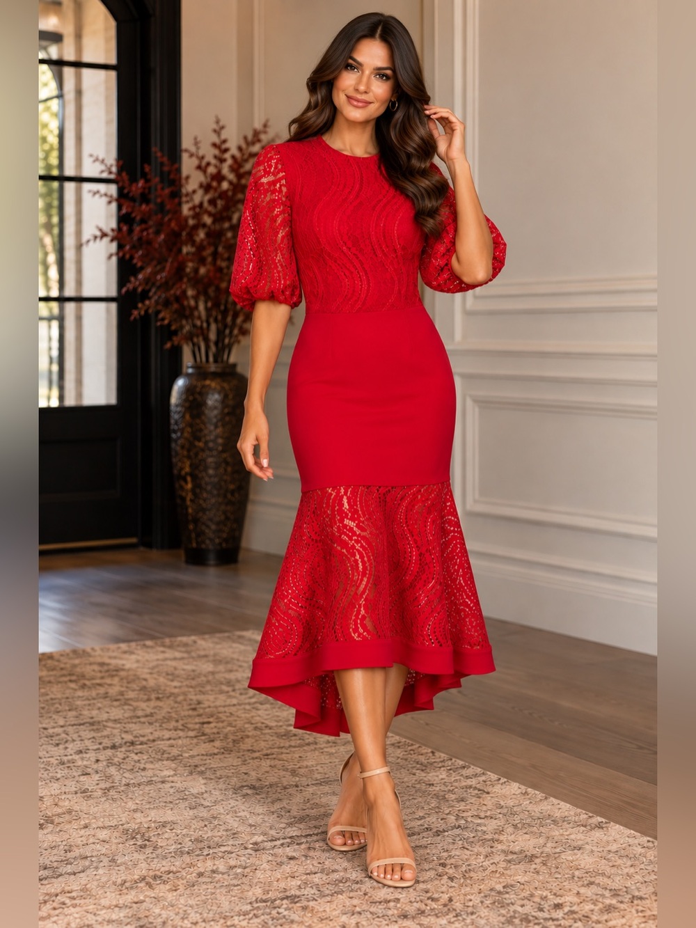 Keepsake Sz S Red Lace High Low Midi Dress Puff Sleeve Cocktail NWOT